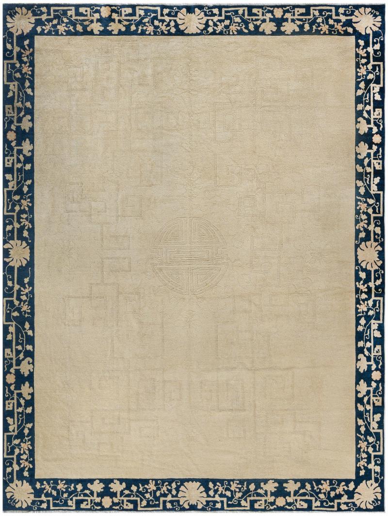 Early 20th Century Chinese Beige and Blue Handmade Wool Rug