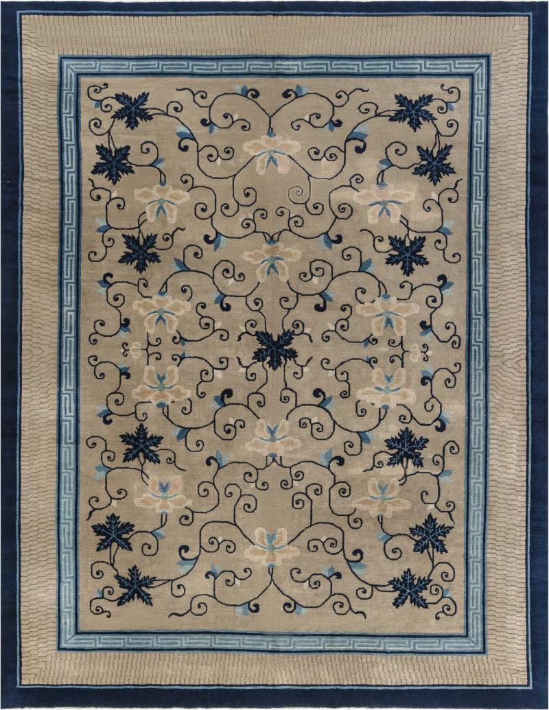 Early 20th Century Chinese Bold Botanic Beige Blue Handmade Wool Carpet