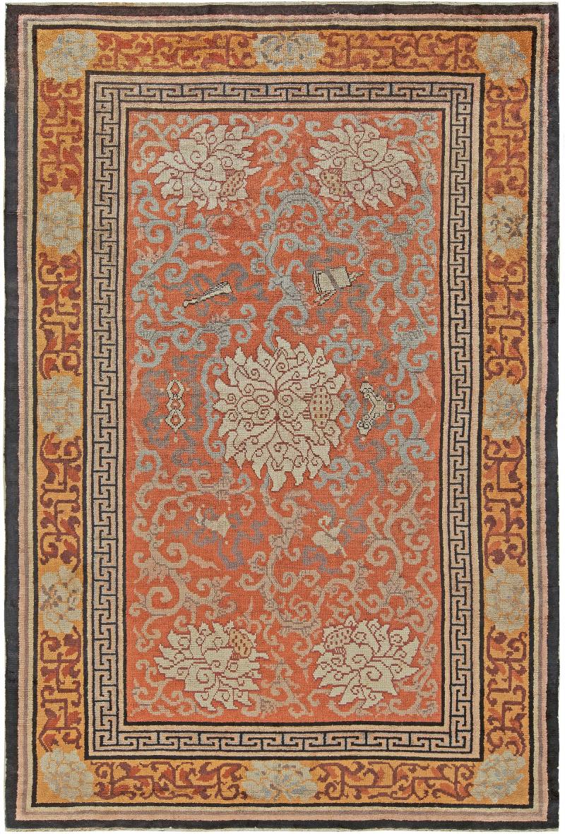Early 20th Century Chinese Orange Ivory and Gray Handmade Silk Rug
