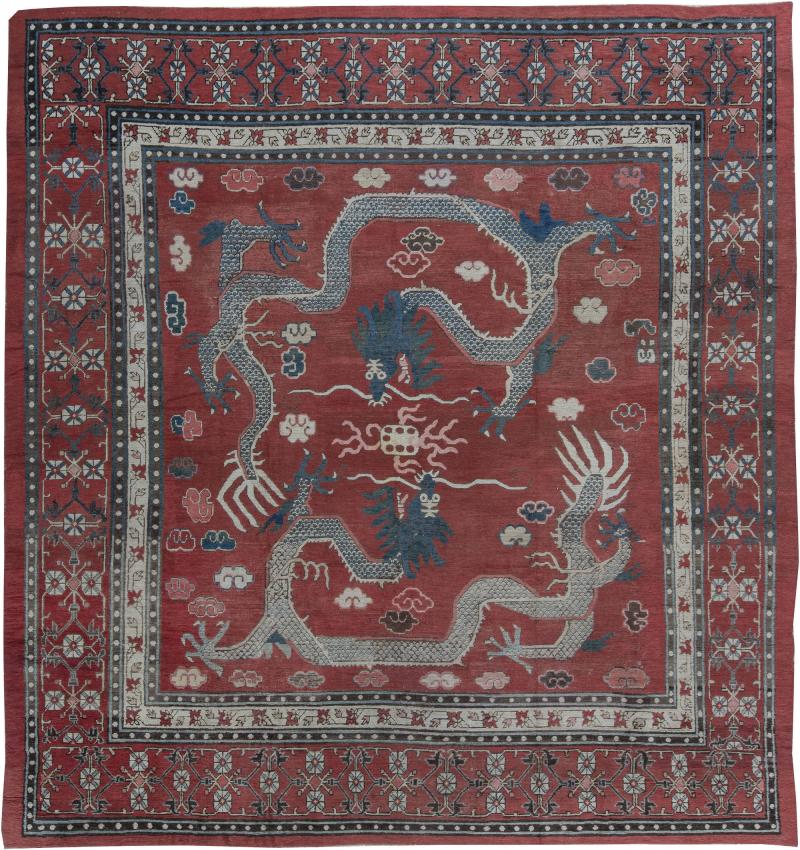 Early 20th Century Chinese Royal Crimson and Blue Handwoven Wool Rug