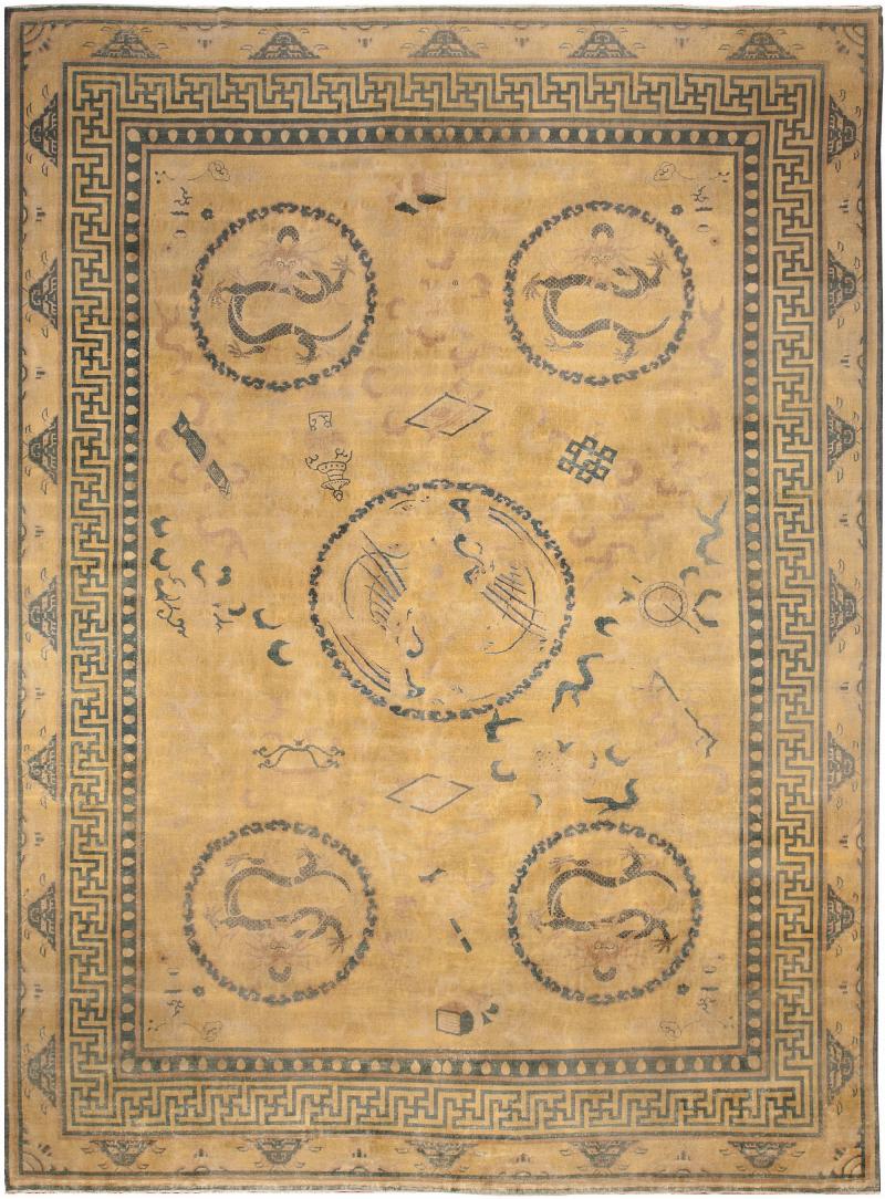 Early 20th Century Chinese Yellow Beige Blue Handwoven Wool Carpet