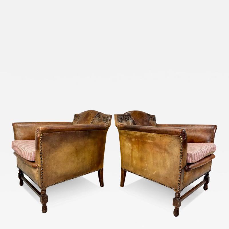 Early 20th Century European Leather Lounge Chairs Set of 2