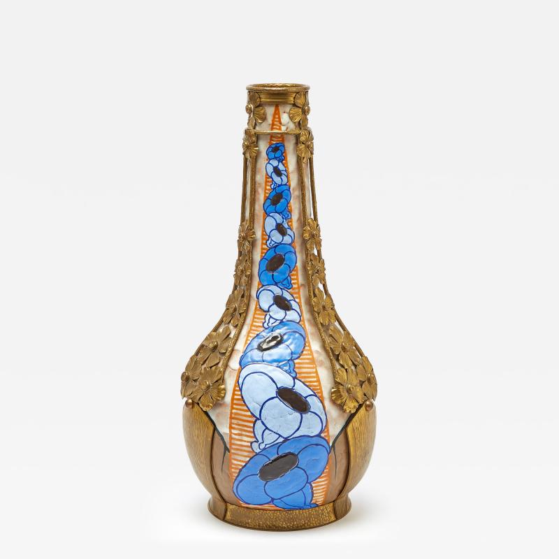 Early 20th Century French Art Deco Gilt Metal Mounted Stoneware Vase