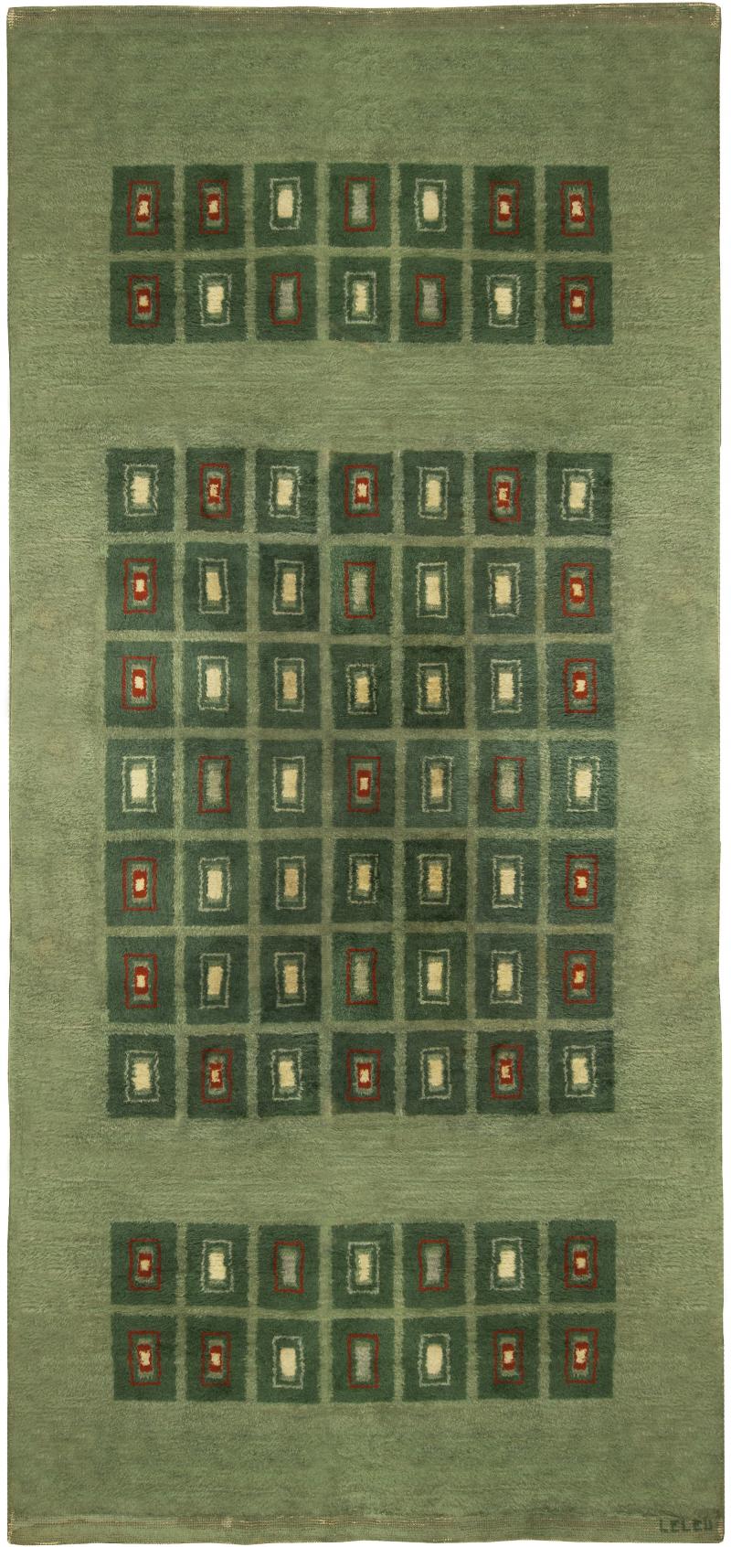 Early 20th Century French Art Deco Green Handmade Wool Rug