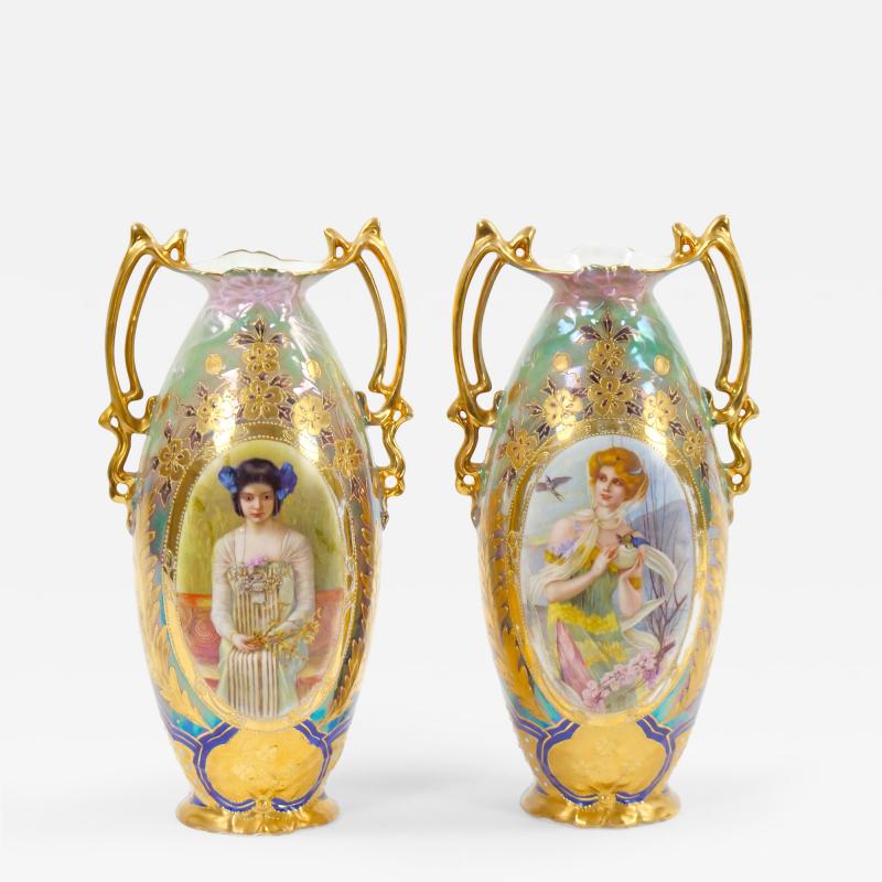 Early 20th Century German Art Nouveau Hand Painted Gilt Porcelain Vases