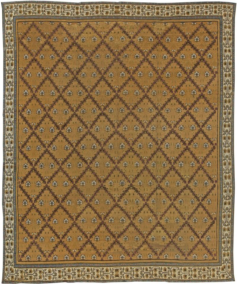 Early 20th Century Indian Botanic Design Handmade Wool Rug in Sienna and Purple