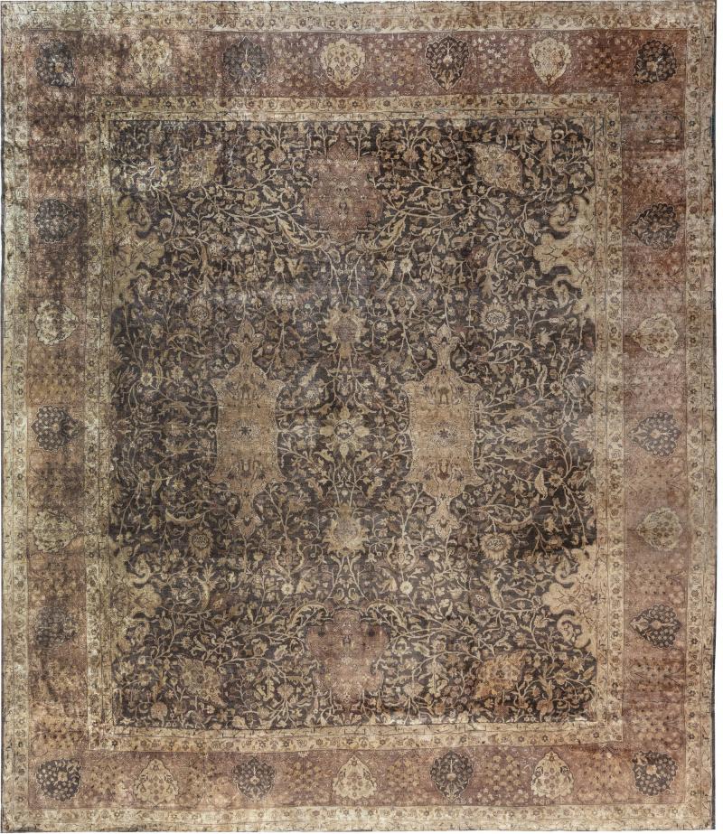 Early 20th Century Indian Chocolate Brown Handmade Wool Carpet Size Adjusted 
