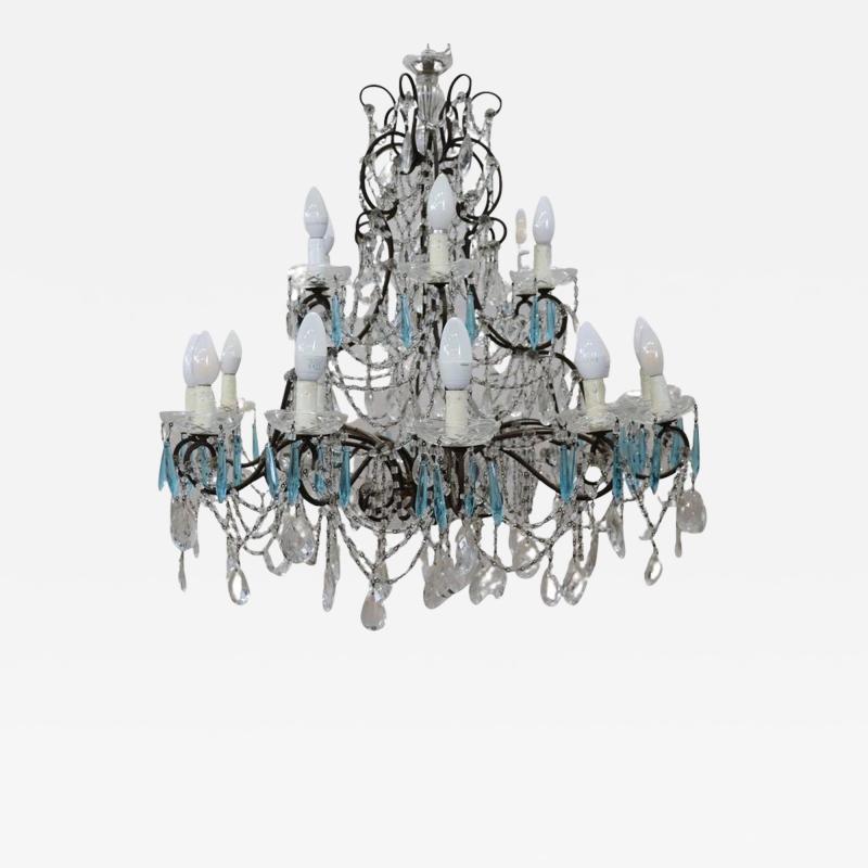 Early 20th Century Italian Bronze and Crystal Large Chandelier