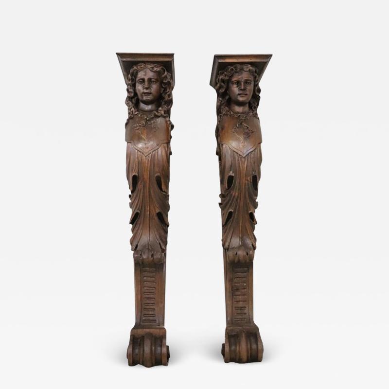Early 20th Century Italian Pair of Caryatid Pilasters in Carved Walnut