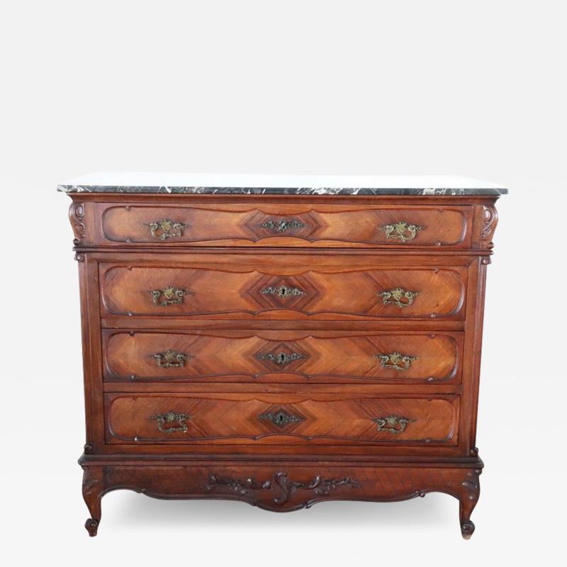 Early 20th Century Italian Walnut Antique Chest of Drawers with Marble Top