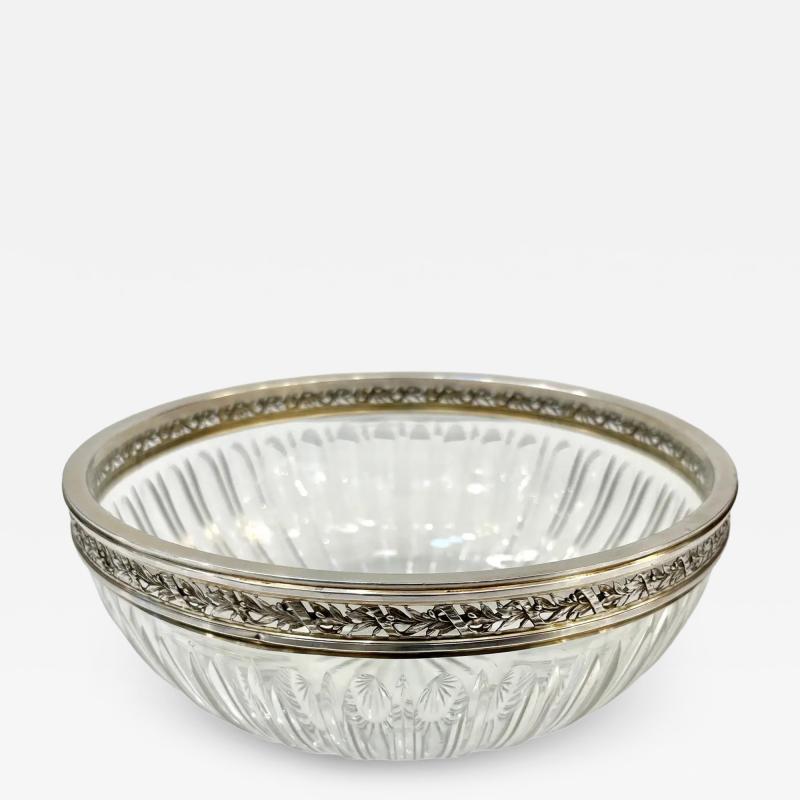 Early 20th Century Neoclassical Cut Crystal Bowl Hand Worked Silver Plated Rim