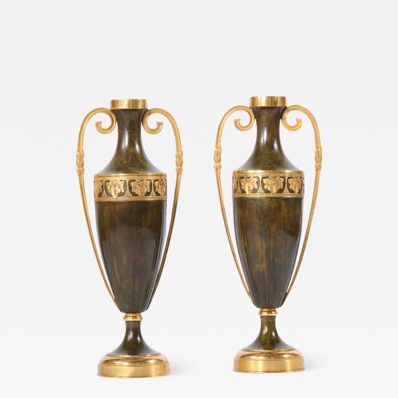 Early 20th Century Pair Tall Patinated Bronze Vases Pieces