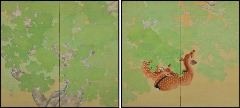 Early 20th Century Pair of Japanese Screens Deer under Maple Trees