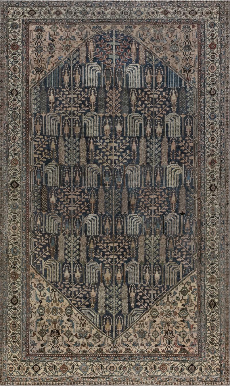 Early 20th Century Persian Bakhtiari Handmade Wool Rug in Blue Red Camel