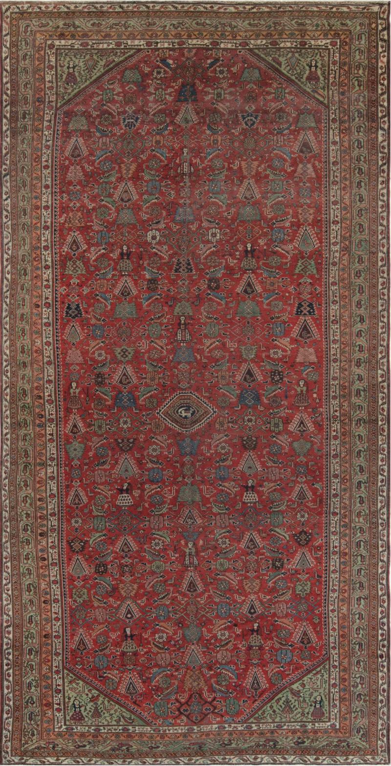 Early 20th Century Persian Feraghan Green Pink Red and White Handmade Rug