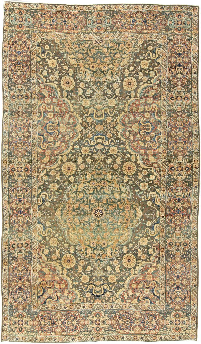 Early 20th Century Persian Kirman Bold Botanic Brown Green Yellow Wool Rug