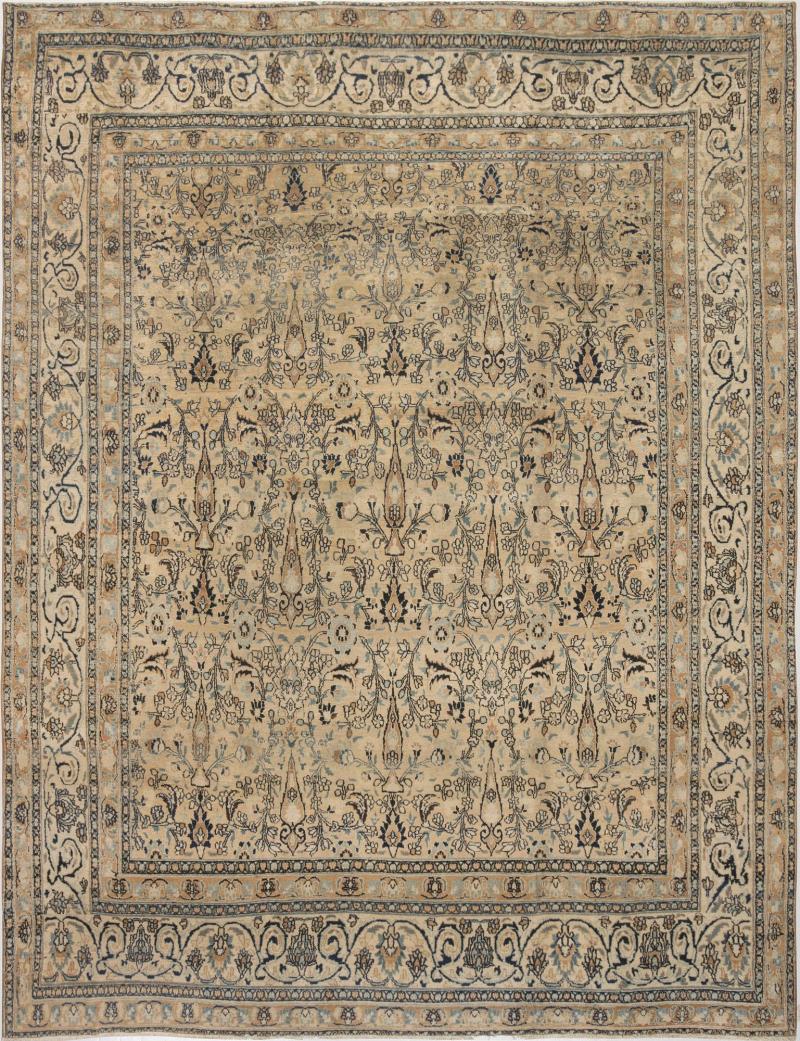 Early 20th Century Persian Meshad Beige and Teal Handwoven Wool Rug