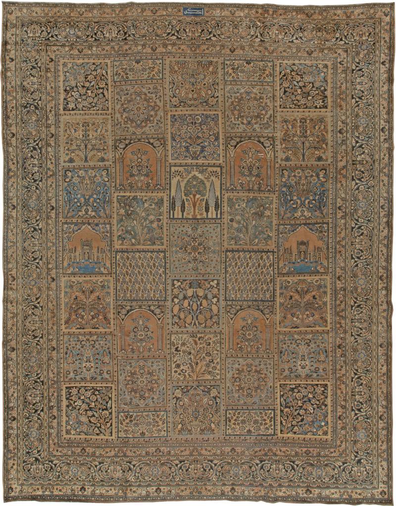 Early 20th Century Persian Meshad Rust Blue Walnut and Brown Handmade Wool Rug