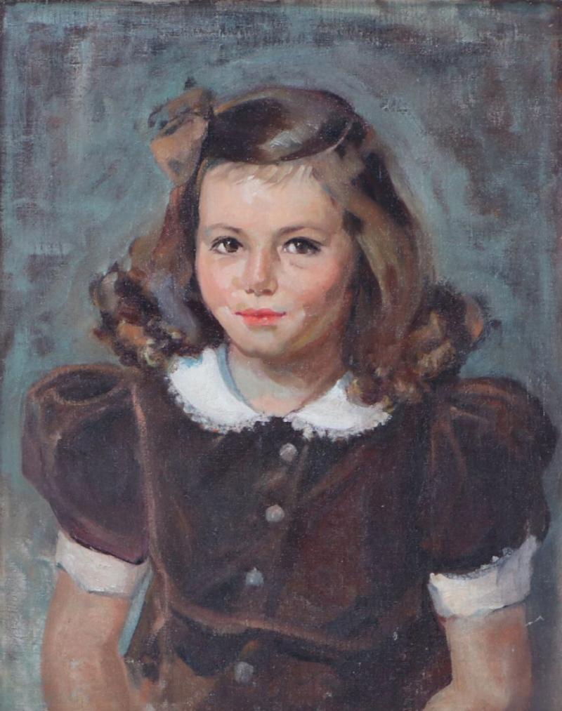 Early 20th Century Portrait Oil Painting of a Young Girl With Brown Dress