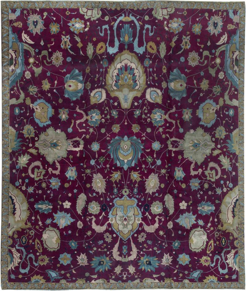 Early 20th Century Purple Background Floral Indian Handmade Wool Rug
