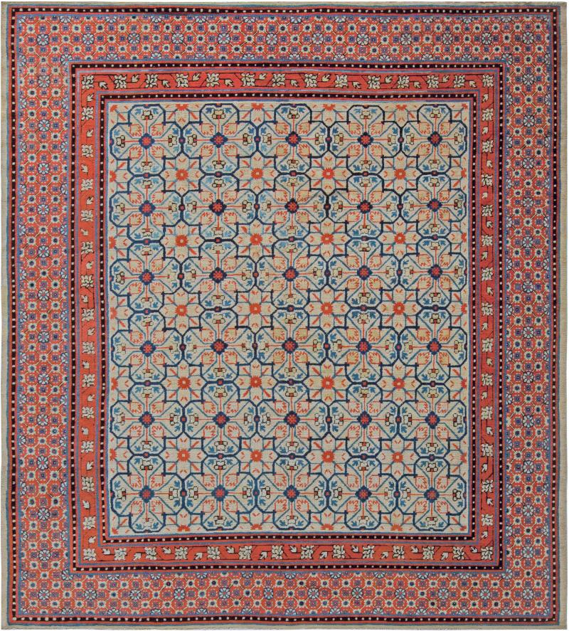 Early 20th Century Samarkand Khotan Handmade Rug in Red Beige and Blue