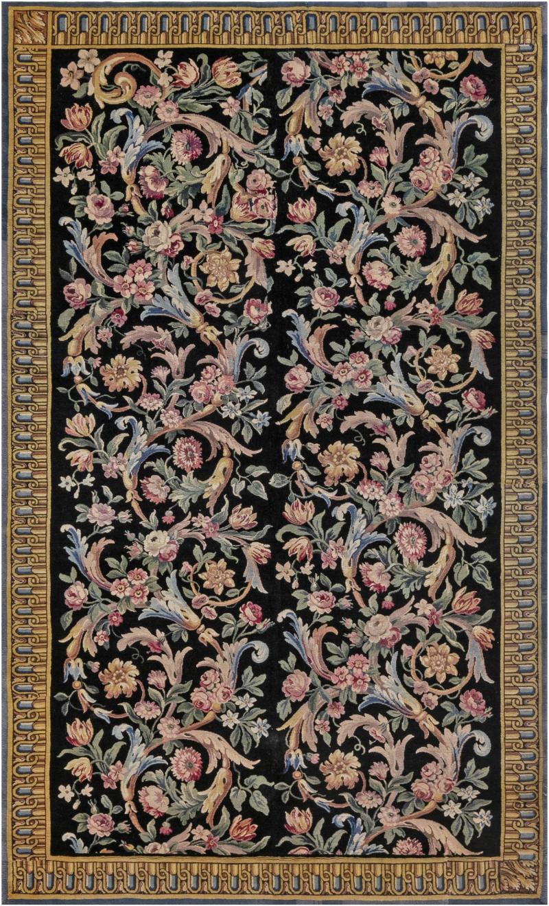 Early 20th Century Savonnerie Floral Black Background Wool Rug Size Adjusted 