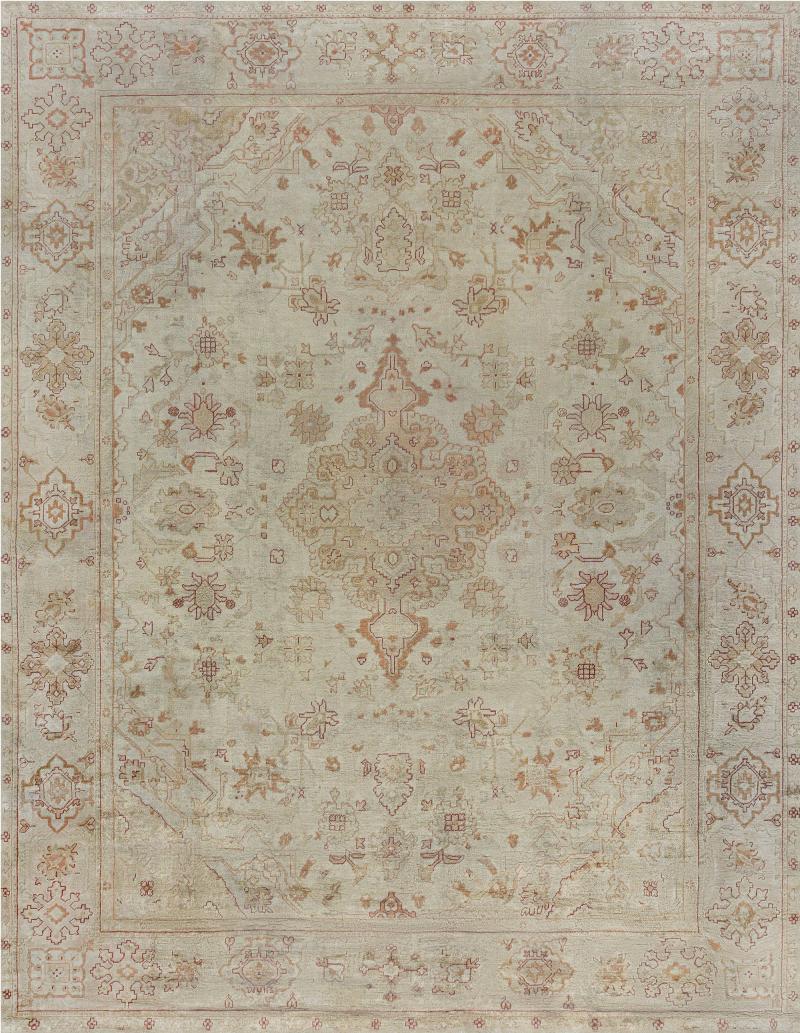 Early 20th Century Turkish Oushak Beige Gold Orange Hand Knotted Wool Rug