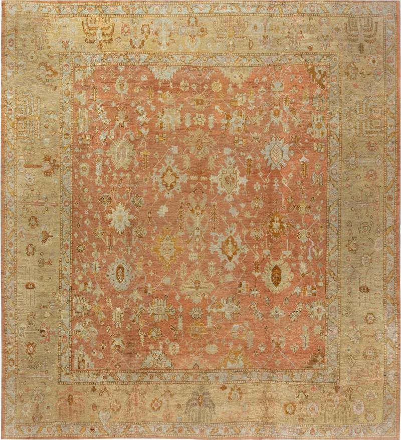 Early 20th Century Turkish Oushak Gold Green Orange and Pink Rug