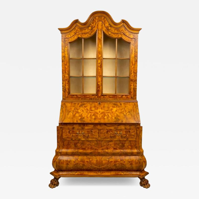 Early 20th century Dutch Marquetry Trumeau Library Cabinet with Drop Front Desk