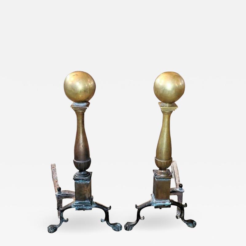 Early American Canonball Brass Andirons