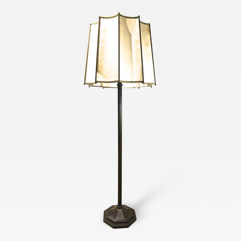 Early Art deco extreme quality patina bronze parchment shade standing lamp