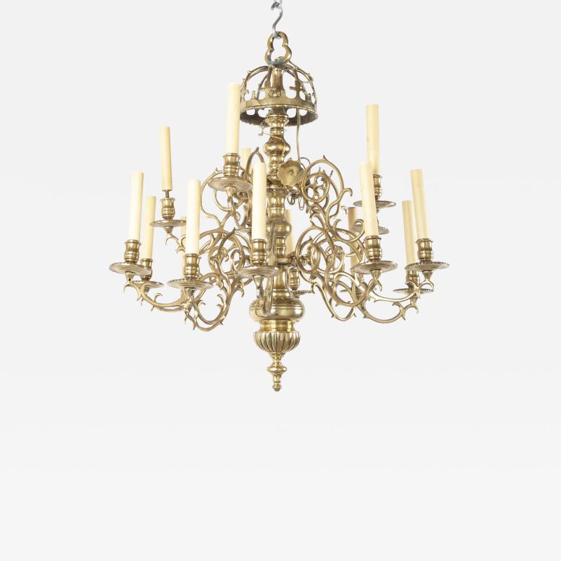 Early Brass 14 Arm Two Tier Chandelier with Original Reflectors