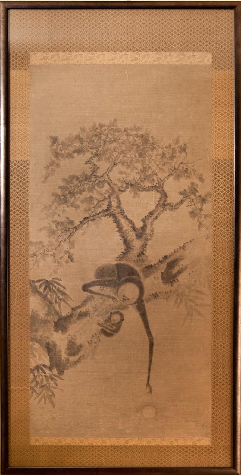 Early Japanese Framed Painting Originally a Scroll Monkeys in a Tree
