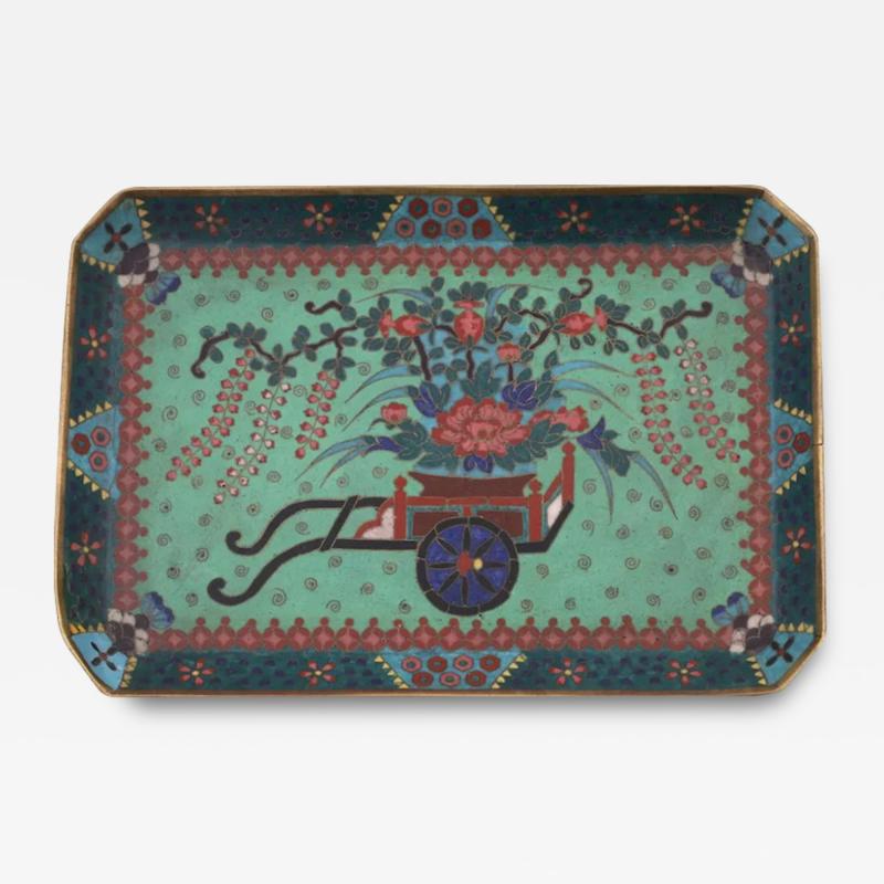Early Meiji Japanese Cloisonne Green Enamel Tray with Wagon Blossoming Wisteria