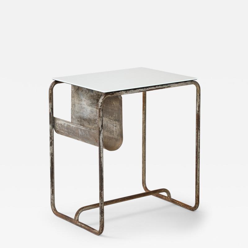 Early Modernist Desk Side Table Nickel Patina Opaline Top France c 1920