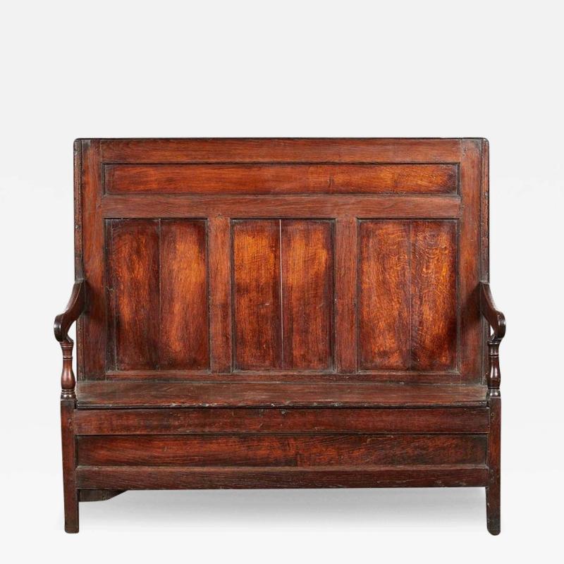 Early Oak Paneled Back Settle Bench