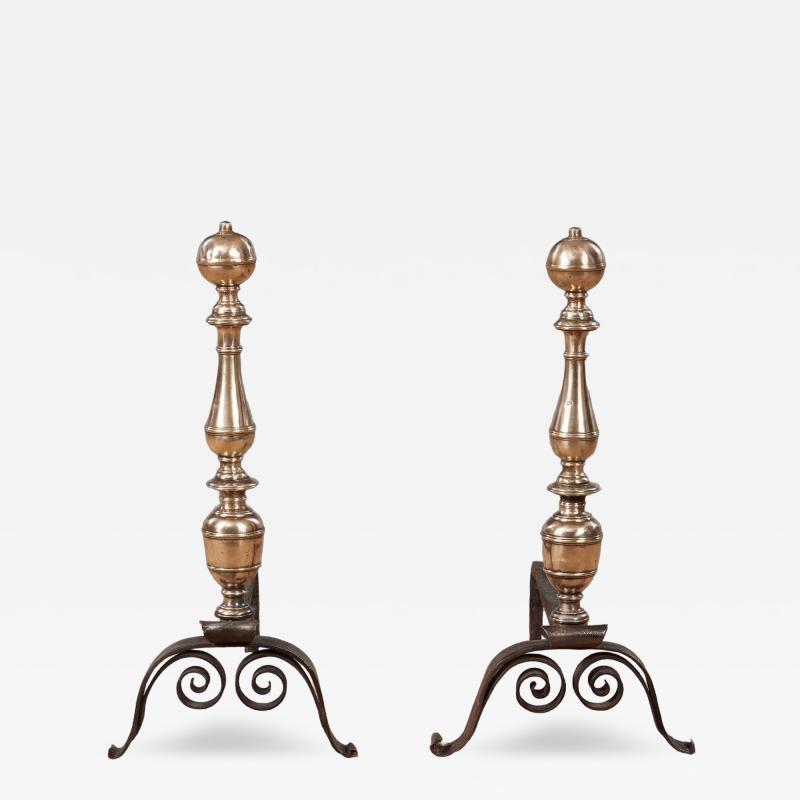 Early Turned Bronze and Scrolled Iron Andirons