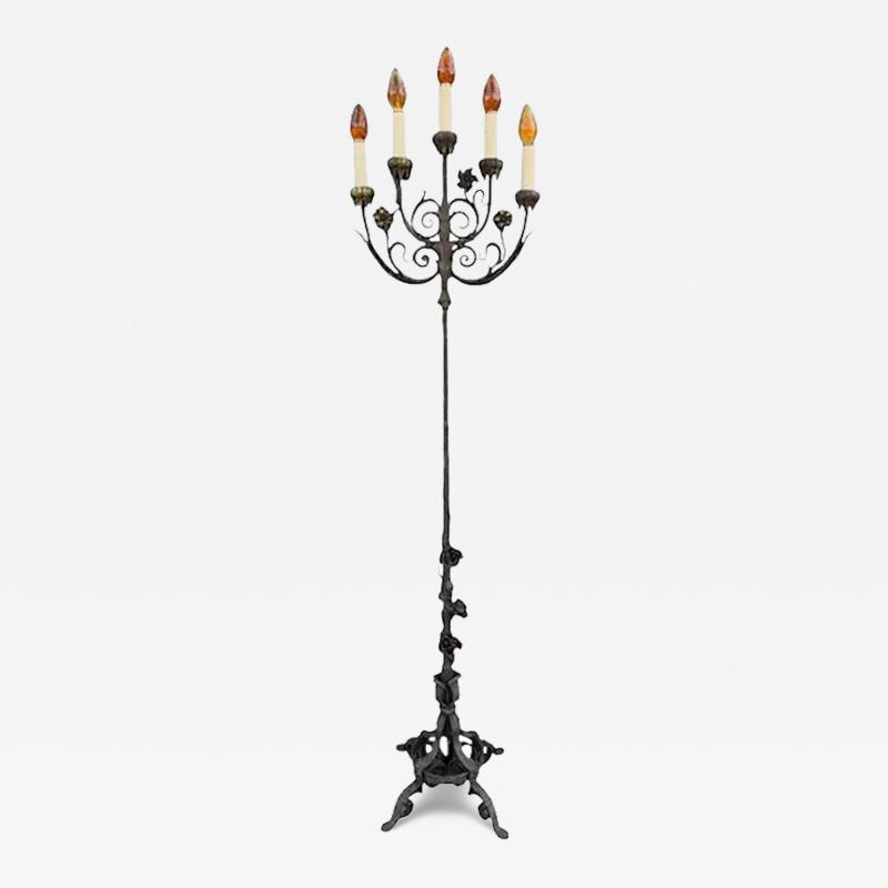 Edgar Brandt Antique Wrought Iron 5 Light Candelabra Floor Lamp Edgar Brandt