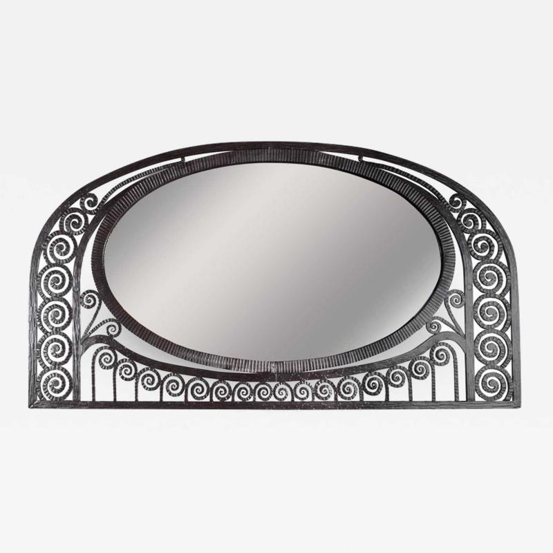 Edgar Brandt Art Deco Wrought Iron Mirror with Scroll Detailing in the Manner of Edgar Brandt