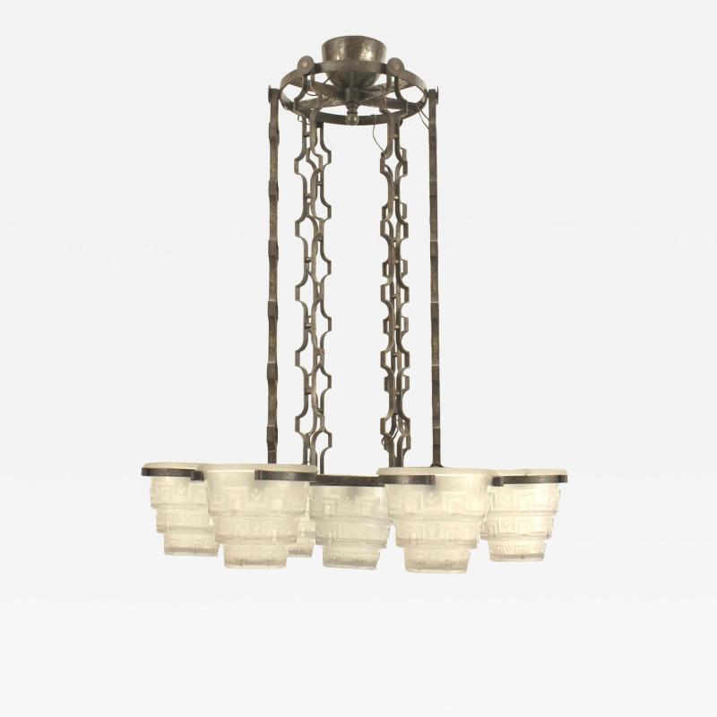 Edgar Brandt French Art Deco Brandt Wrought Iron and Glass Chandelier