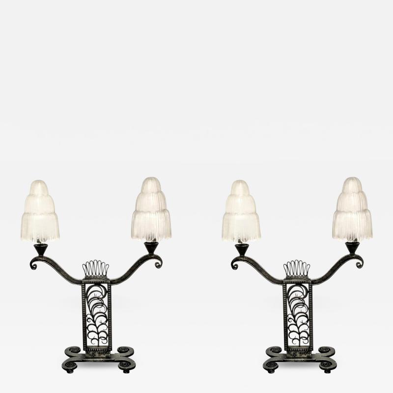 Edgar Brandt Pair of French Art Deco Table Lamps by Edgar Brandt Waterfall Sabino Shades