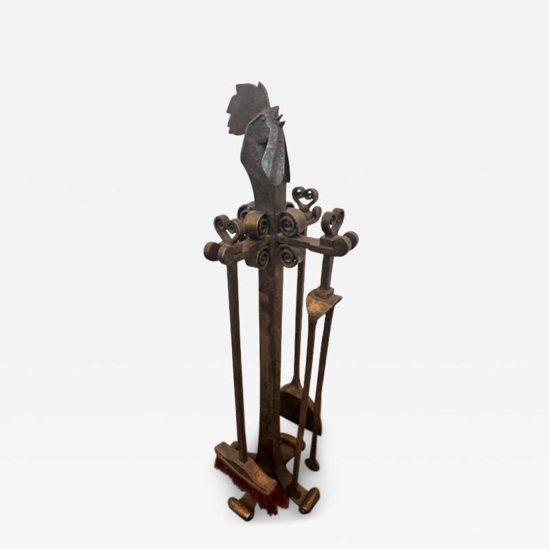 Edger Brandt Art Deco Set of firetools with rooster head finial