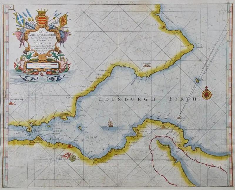 Edinburgh Scotland Coast A 17th Century Hand Colored Sea Chart by Collins