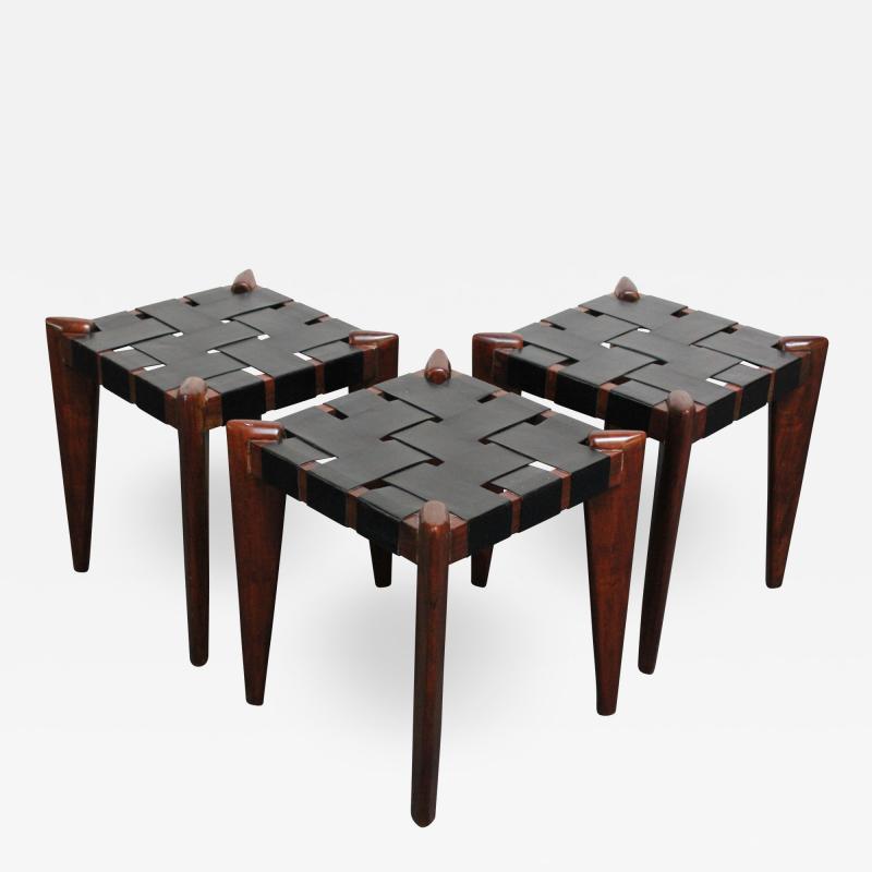 Edmond Spence Set of Three Leather and Solid Stained Teak Stools by Edmond Spence