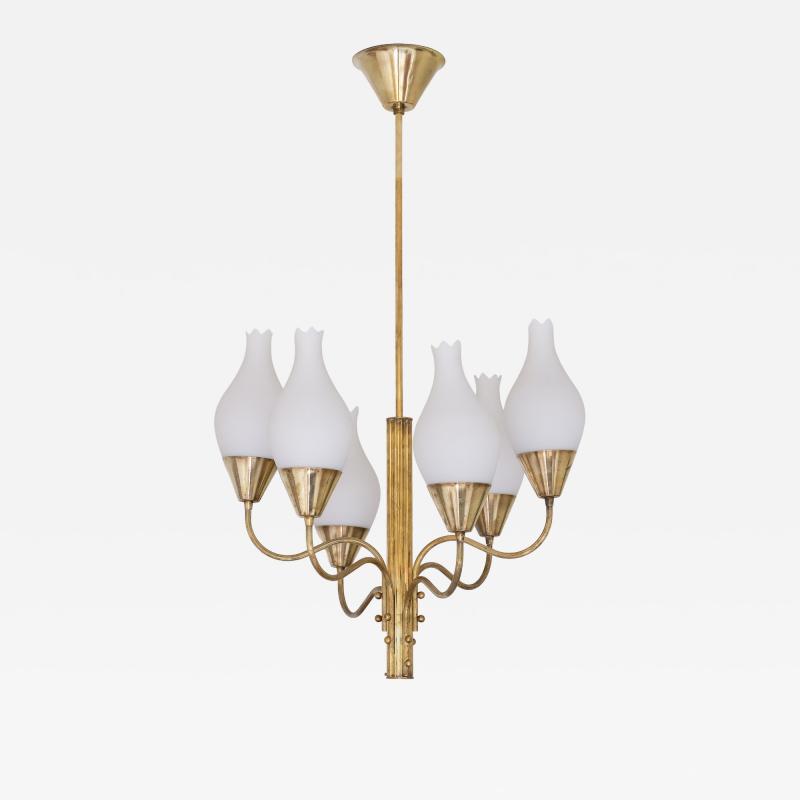 Edvard Hagman Exceptional Edvard Hagman Six Arm Chandelier Brass and Opal Glass Sweden 1956