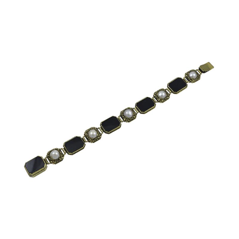 Edward Everett Oakes American Arts Crafts Period Gold Bracelet with Onyx and Pearls by Edward Oakes