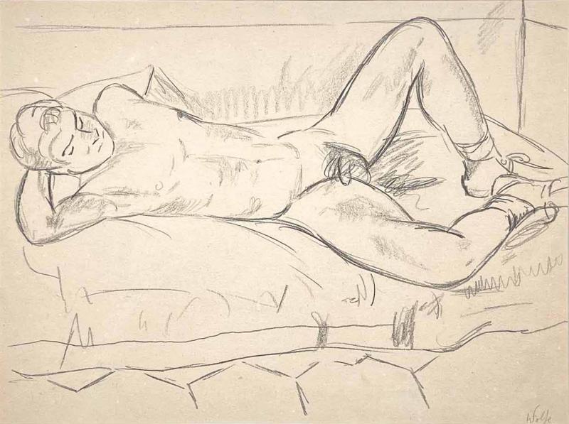 Edward Wolfe Reclining Male Nude Drawing by Edward Wolfe
