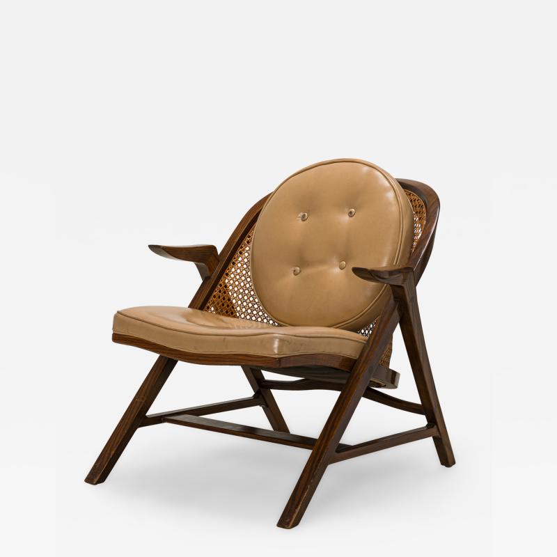 Edward Wormley American Walnut Cane and Tan Leather Janus Lounge Armchair