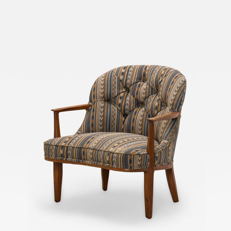 Edward Wormley Blue Striped Upholstered Walnut Frame Janus Lounge Armchair