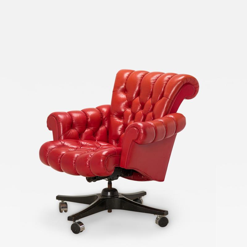 Edward Wormley Edward J Wormley for Dunbar In Clover Tufted Red Leather Rolling Office Chair